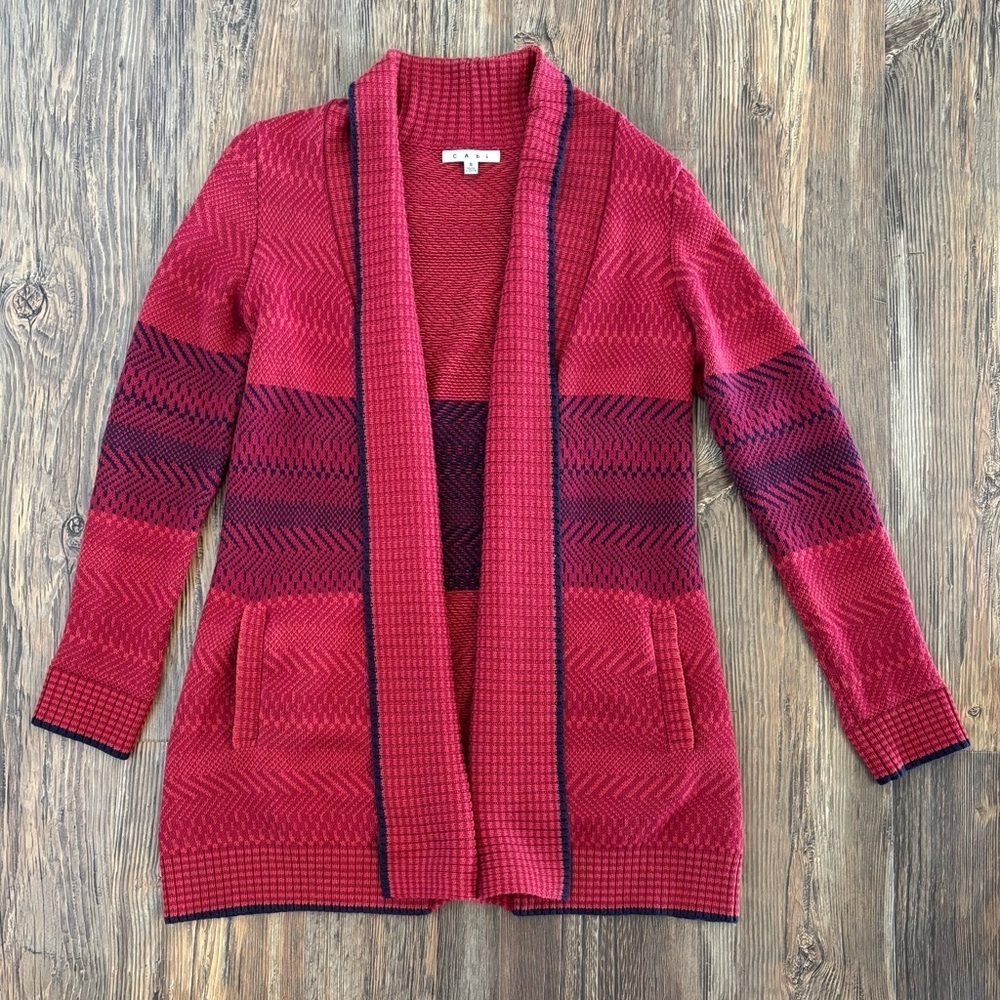 CAbi Joy Open Front Long Cardigan Knit Sweater Womens Sm Red Navy Blue Style 897